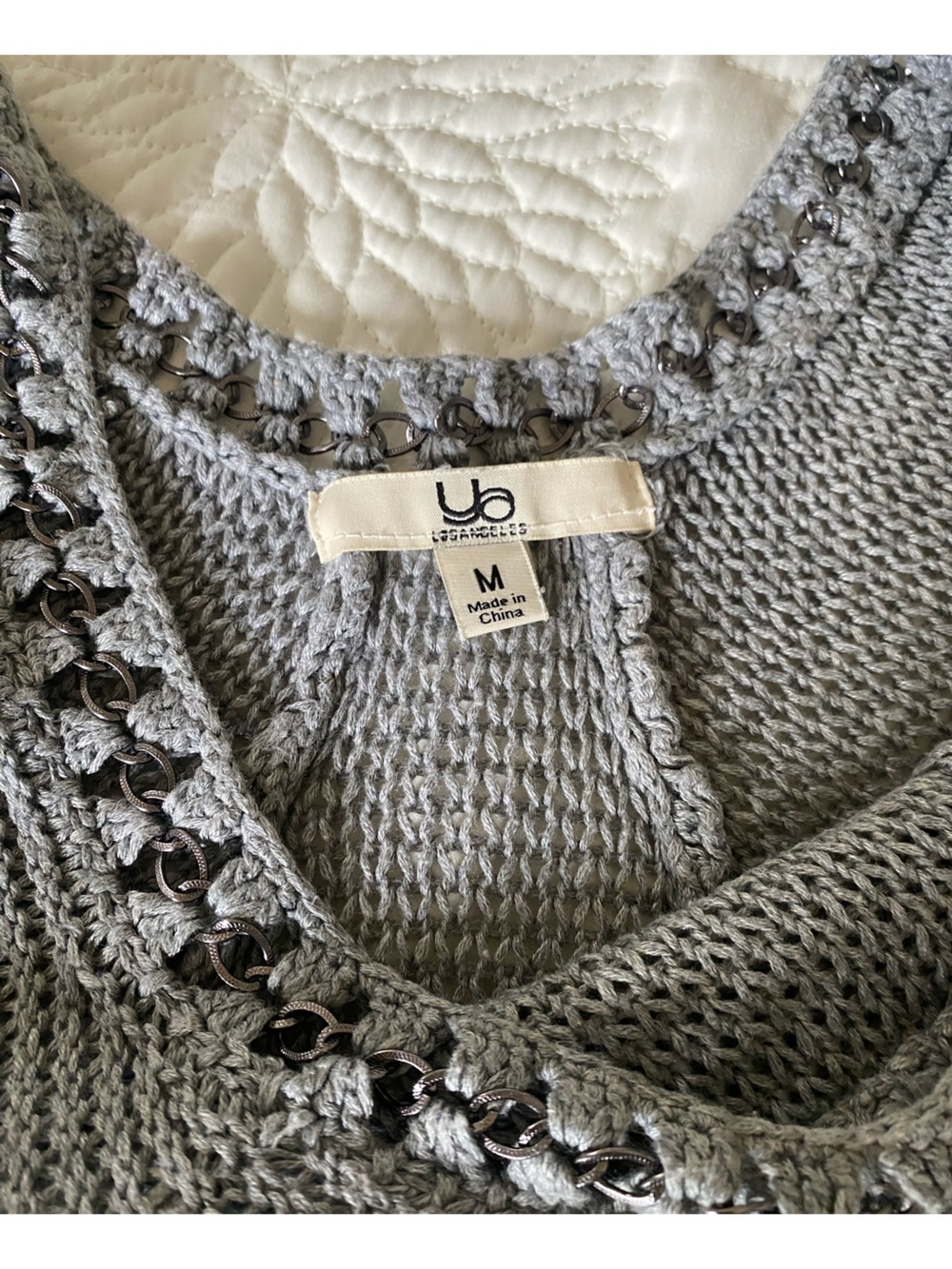 Ya Los Angeles Light Gray Crochet Crewneck Sweater with Chain Trim